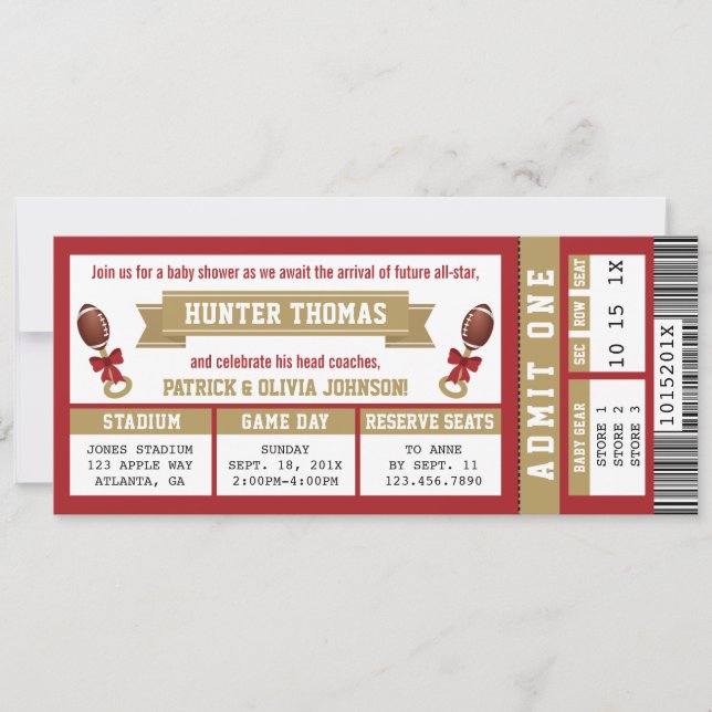 Sports Ticket Baby Shower Invite Scarlet, Gold (Front)