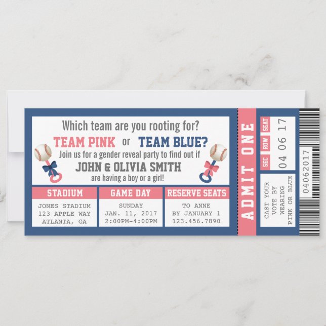 Sports Ticket Gender Reveal Invitation, Baseball Invitation (Front)