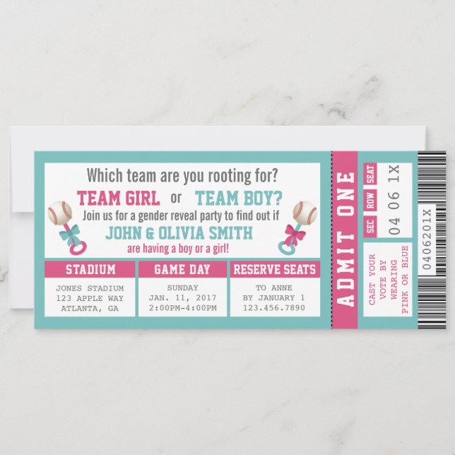 Sports Ticket Gender Reveal Invitation, Baseball Invitation (Front)