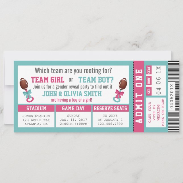 Sports Ticket Gender Reveal Invitation, Football Invitation (Front)