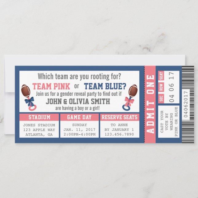 Sports Ticket Gender Reveal Invitation, Football Invitation (Front)
