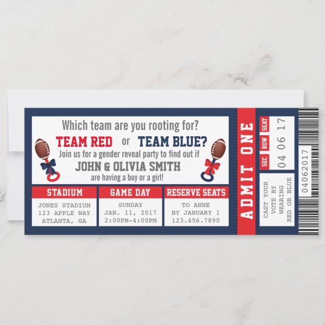 Sports Ticket Gender Reveal Invitation, Football Invitation (Front)
