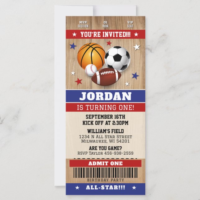 Sports Ticket Invite, Sports Birthday Invitation (Front)