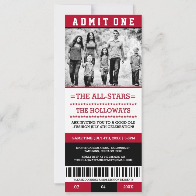 Sports Ticket July 4th Invites (Front)