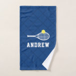 Sports Towel Personalised Blue Tennis Design<br><div class="desc">Navy Blue and White Personalised Monogram or Custom Text Tennis Design kitchen or sports bag towel with a sporty bold name with tennis racket and ball design with a subtle net background pattern.</div>