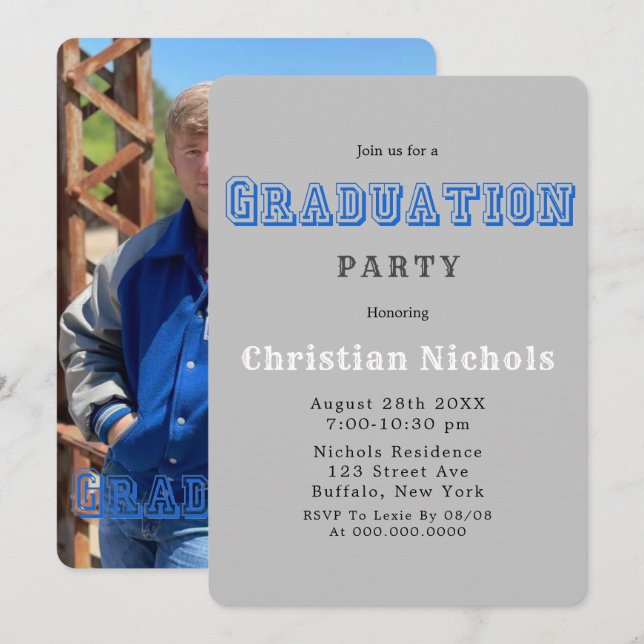 Sports Typography Add Photo Graduation Party Invit Invitation (Front/Back)