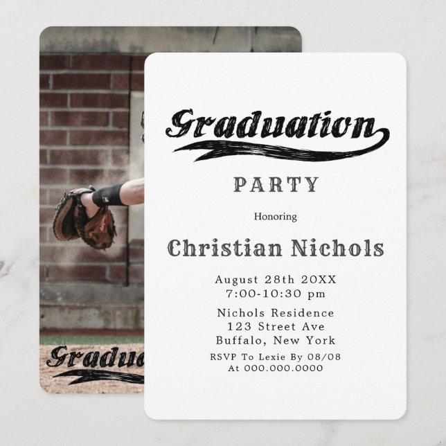 Sports Typography Add Photo Graduation Party Invitation (Front/Back)