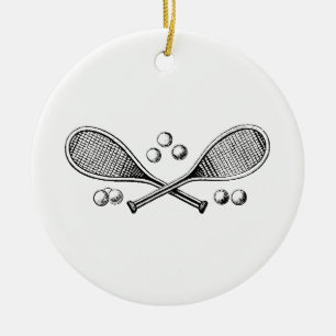Sports Vintage Crossed Tennis Racquet Tennis Balls Ceramic Tree Decoration