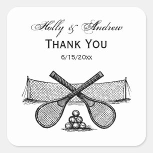 Sports Vintage Tennis Net, Crossed Racquets, Balls Square Sticker