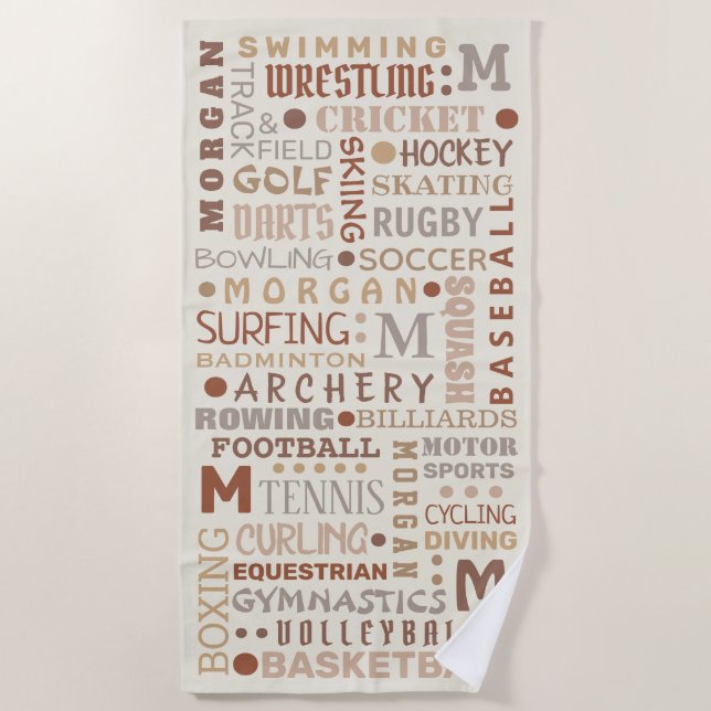 Sports Word Art Neutrals Summer Personalised Beach Towel (Front)