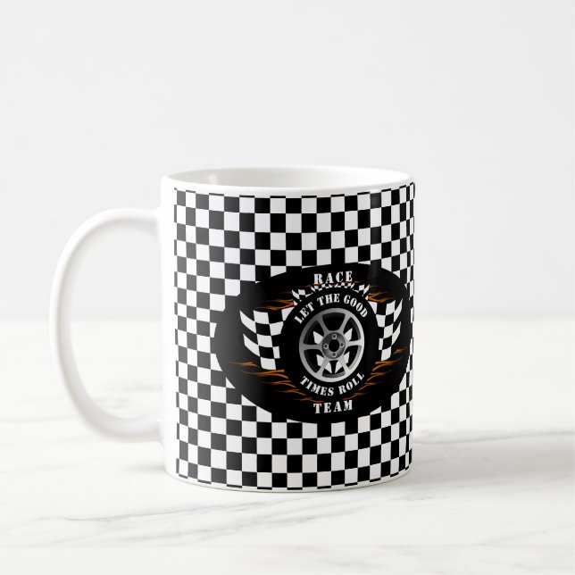 Sportscar Racing Wheel Flames Chequered Flag Pro Coffee Mug (Left)