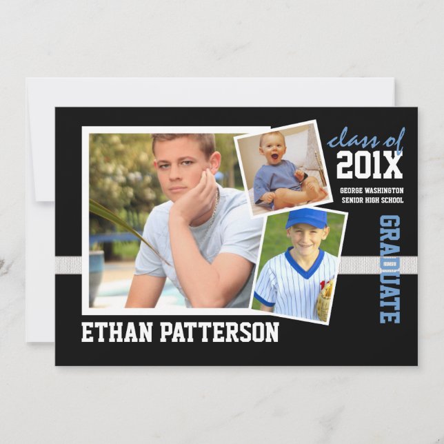 Sporty 3 Photo Graduation Announcement Black Blue (Front)