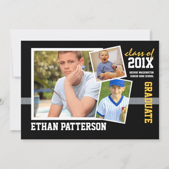 Sporty 3 Photo Graduation Announcement Black Gold (Front)