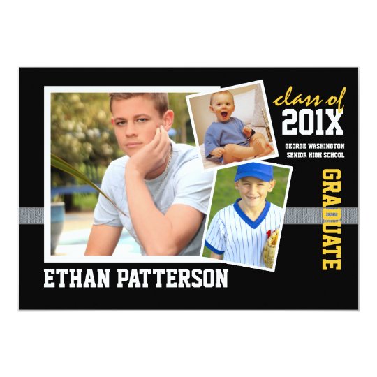 Sporty 3 Photo Graduation Announcement Black Gold