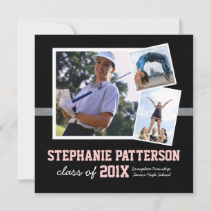 Sporty 3 Photo Graduation Announcement Black Pink