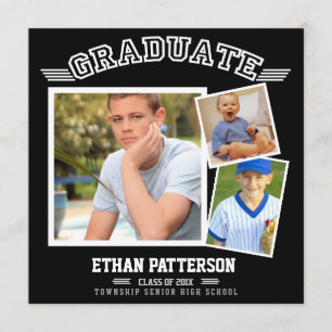 Sporty 3 Photo Graduation Announcement Black White