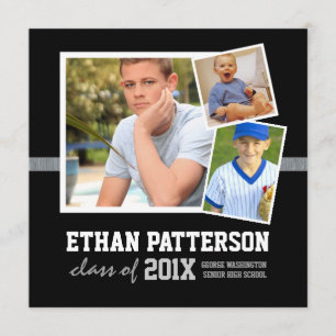 Sporty 3 Photo Graduation Announcement Black White