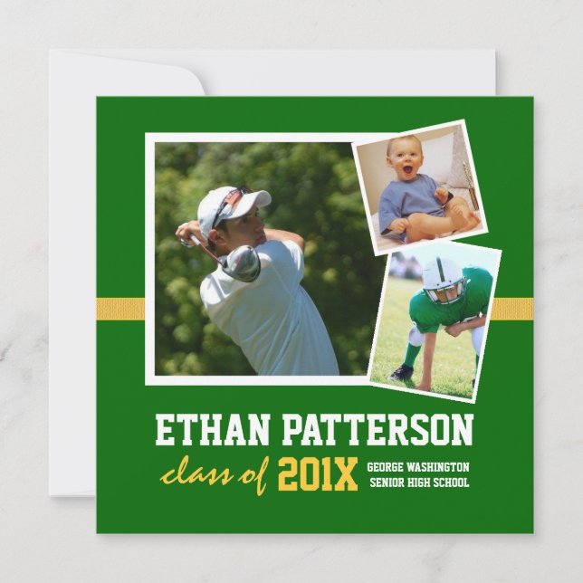 Sporty 3 Photo Graduation Announcement Green Gold (Front)
