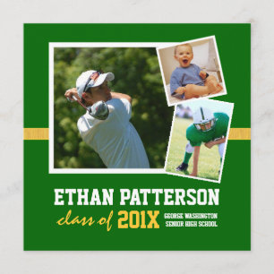 Sporty 3 Photo Graduation Announcement Green Gold