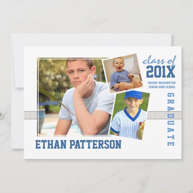 Sporty 3 Photo Graduation Announcement White Blue (Front)