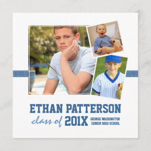 Sporty 3 Photo Graduation Announcement White Blue