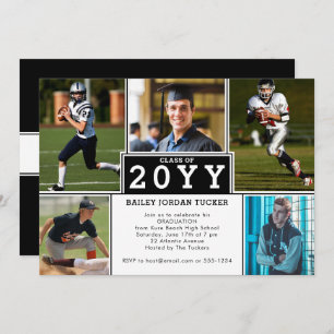 Sporty 5-Photo Black White Graduation Invitation