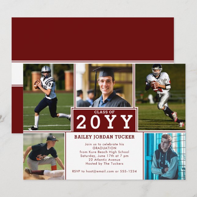 Sporty 5-Photo Burgundy Red Graduation Invitation (Front/Back)