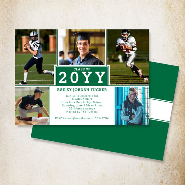 Sporty 5-Photo Dark Green Graduation Invitation (Creator Uploaded)