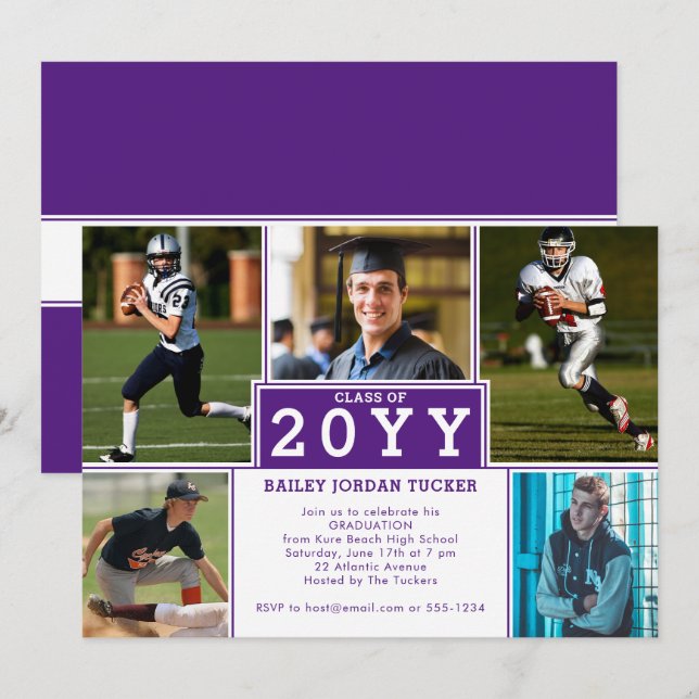 Sporty 5-Photo Purple White Graduation Invitation (Front/Back)