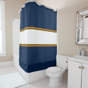 Sporty 70s Navy Blue Orange White Racing Stripes Shower Curtain