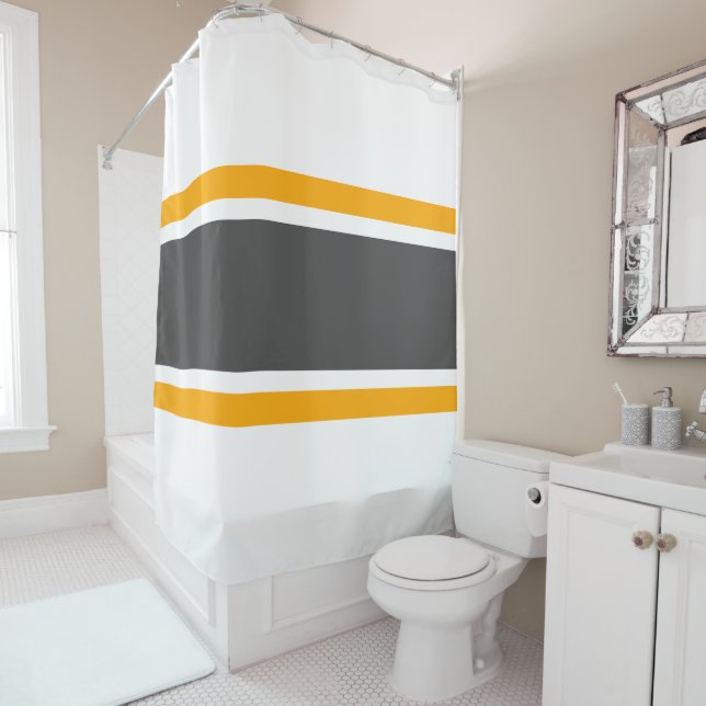 Sporty 70s Wide Grey White Orange Racing Stripes Shower Curtain (In Situ)