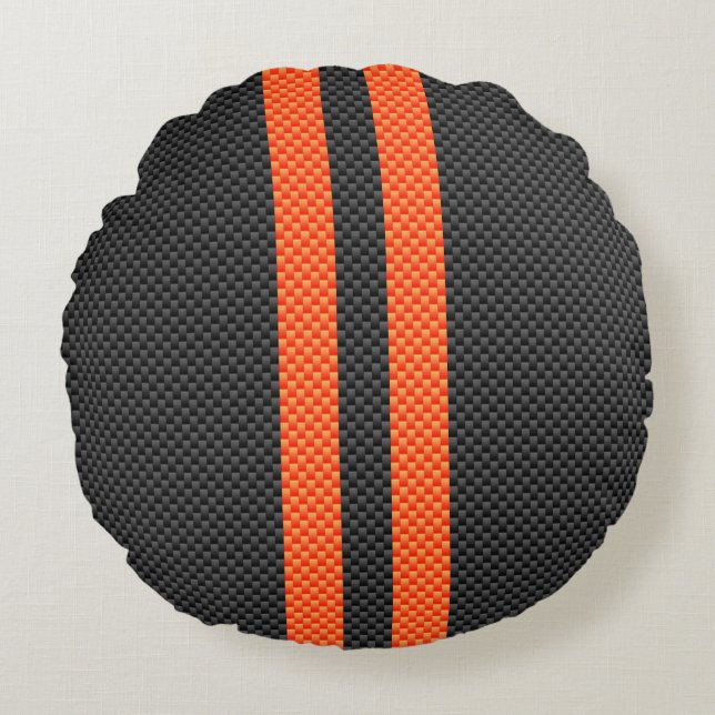 Sporty Accent Orange Stripes Carbon Style Print Round Cushion (Front)