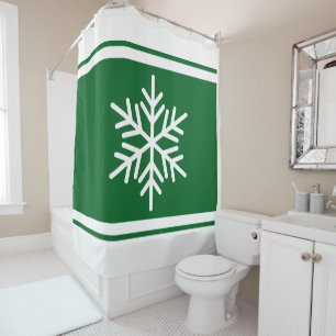 Sporty Alpine Snowflake Forest Green White Stripes Shower Curtain