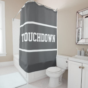 Sporty Athletic Gray TOUCHDOWN White Text Stripes Shower Curtain