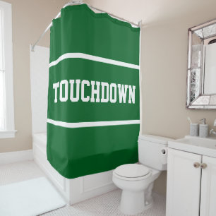 Sporty Athletic Green TOUCHDOWN White Text Stripes Shower Curtain