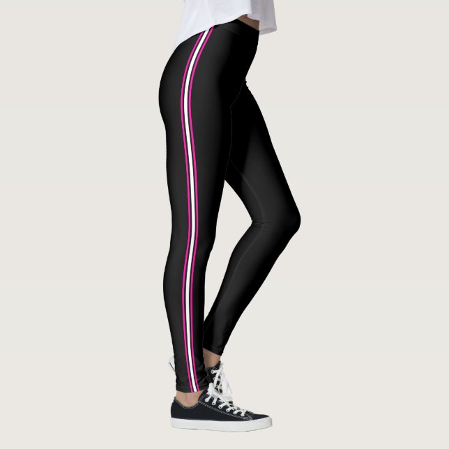 Sporty athletic stripe hot pink white black leggings (Right)