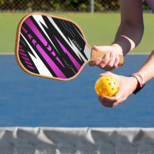 Sporty Background Purple White and Black Monogram Pickleball Paddle