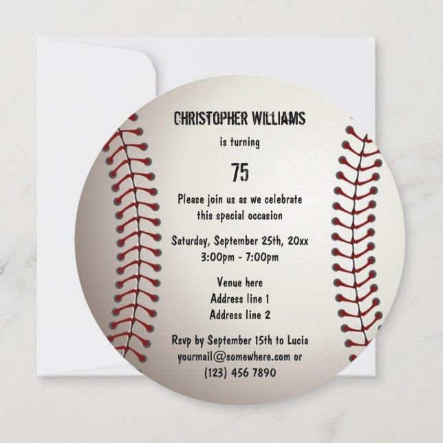 Sporty Baseball 75th Birthday Party Double Sided Invitation (Back)