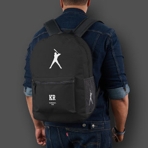 Sporty Baseball Silhouette Monogram Black White Printed Backpack