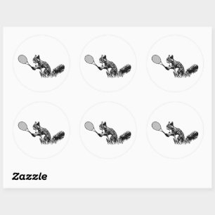 Sporty Black and White Squirrel Tennis Player Classic Round Sticker