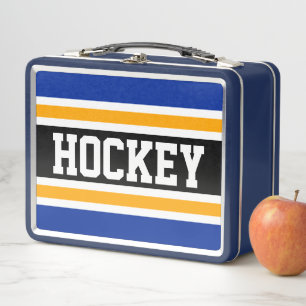 Sporty Black Navy Blue Yellow HOCKEY Stripes Metal Lunch Box
