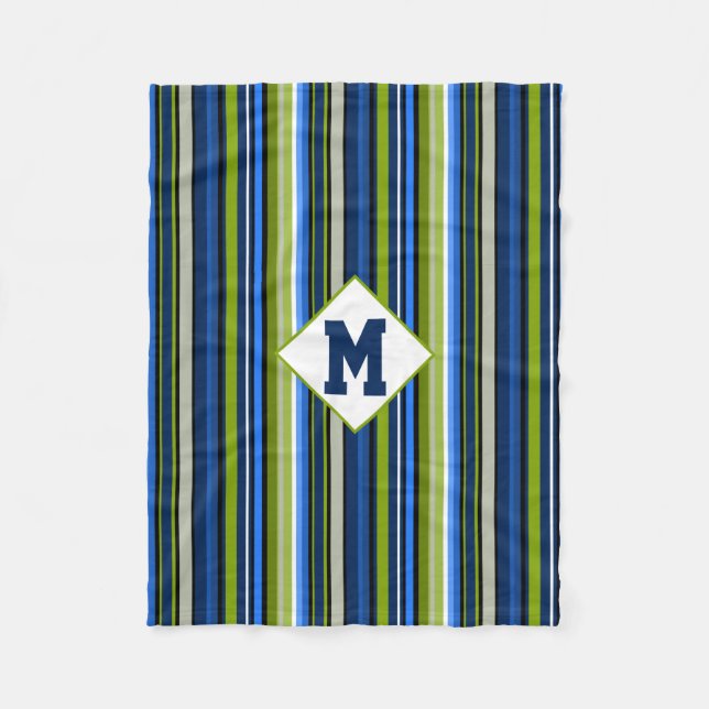 Sporty Blue Green Stripe Monogram Fleece Blanket (Front)
