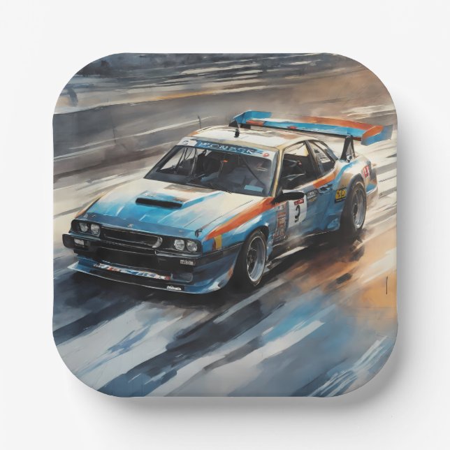 Sporty Blue Racing Car Paper Plate (Front)