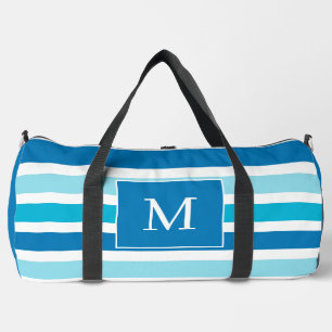 Sporty Blue Striped Monogram Initial Gym Bag