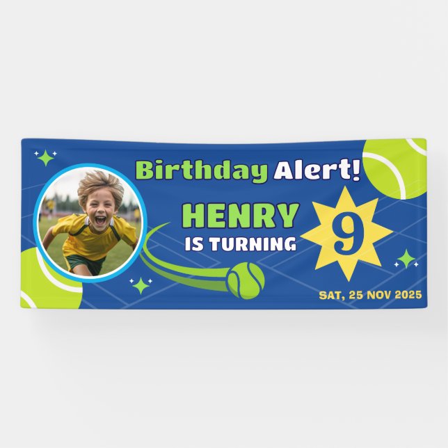 Sporty Blue Tennis For Kids Birthday Banner (Horizontal)