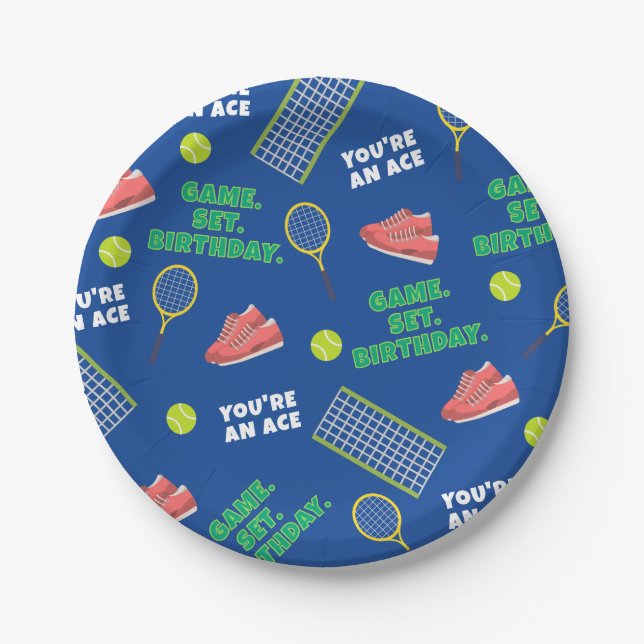 Sporty Blue Tennis Shoes Net Game Kids Birthday Paper Plate (Front)