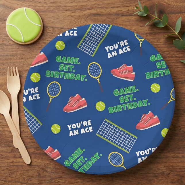 Sporty Blue Tennis Shoes Net Game Kids Birthday Paper Plate (Creator Uploaded)