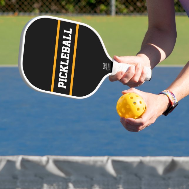 Sporty Bold Black Yellow Stripes PICKLEBALL Text Paddle (Insitu)