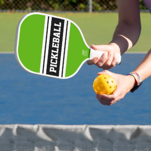 Sporty Bold Green Black White Racing Stripes Text Pickleball Paddle