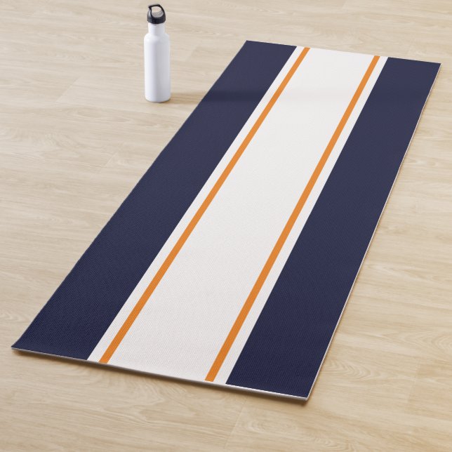 Sporty Bold Navy Blue White Orange Racing Stripes Yoga Mat (In Situ)